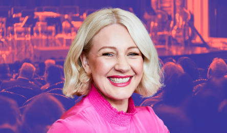 Photo of Claire Harrison with a purple and pink background