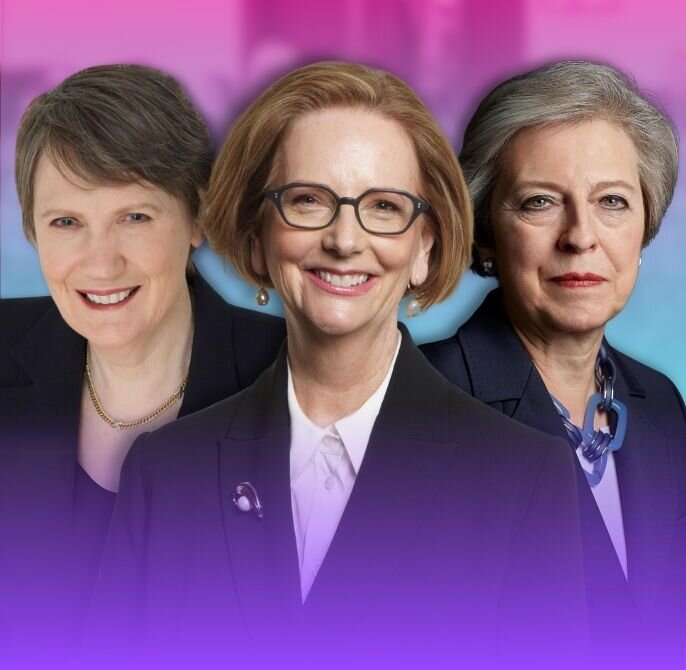 Women in Leadership Summit Image featuring Rt. Hon. Helen Clarke on the left, Hon. Julia Gillard AC in the middle, and Rt. Hon. Theresa May on the right.
